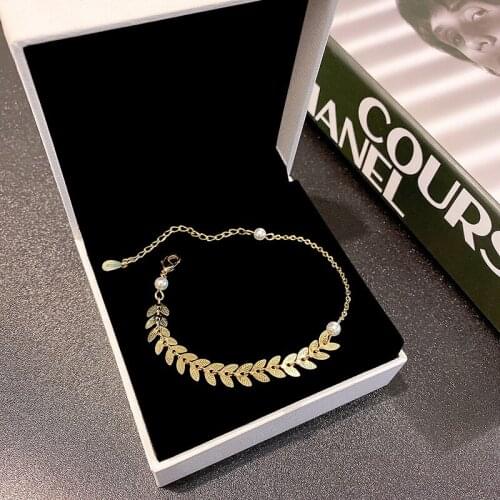 Girl Adjustable Charm Womens Fashion Circle Leaf Chain Gold Color Simulated Pearl Bracelet Party Wedding Jewelry 182