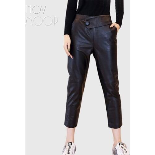 Novmoop women summer black elastic waist sheepskin genuine leather pencil pants ankle-length trousers pantalones de mujer LT3071
