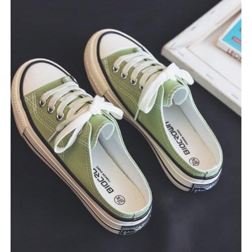 Women Summer 2021 Half Dragged Female Canvas Shoes Joker And Holds A White Shoe Joker And Lazy Heelless Slippers