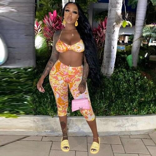 Spaghetti Strap Backless Tie Dye Print Crop Top and High Waist Mid Calf Jogger Sweatpant for Women Hipster Female 2 Piece Sets