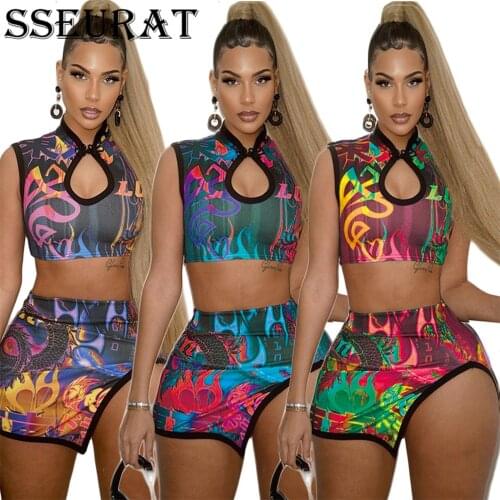 SSEURAT Women Print Sleeveless Mandarin Collar Tops and Mini Split Skirt Two Piece Set Summer Sexy Club Party Outfit 2021