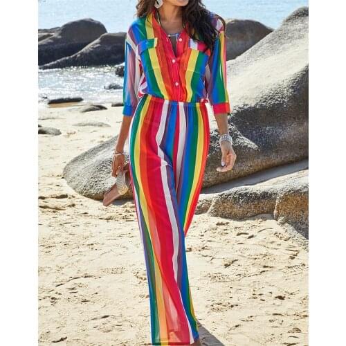 2020 Office Lady Playsuit Elegant Striped Loose Rompers Women Sets Casual Long Sleeve Wide Legs Chiffon Jumpsuits Overall