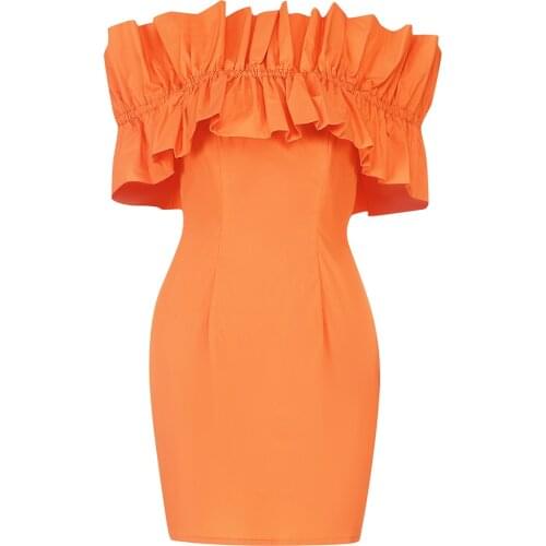 New Summer Fashion Off Shoulder Mini Dress 2021 Women Slash Neck Sexy Ruffles Orange Dress Club Celebrity Evening Party Clothes