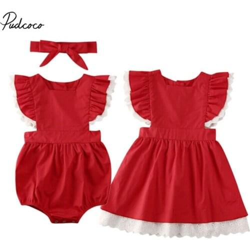 2020 Baby Summer Clothing Sister Matching Outfit Kid Baby Girl Sister Romper Dress Xmas Solid Red Clothes