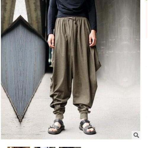 2020 Summer New Mens Retro Casual Harem Pants Cool Linen Pants Culottes Wide Legs Pants Loose Low Cross Pants Singer Costumes