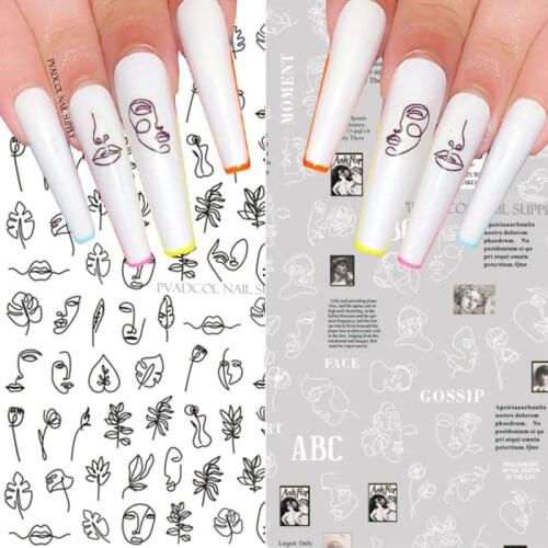 Abstract Face Nail Stickers Lady Faces Black White Line 3D Nails Decals Self Adhesive Sticker Slider Tips Manicure Decoration