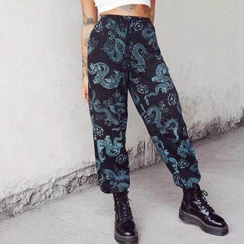 Women Pants Fashion Casual Dragon Print High Waist Loose Wide Leg Long Pants Trousers dragon pattern high waist Pants femme