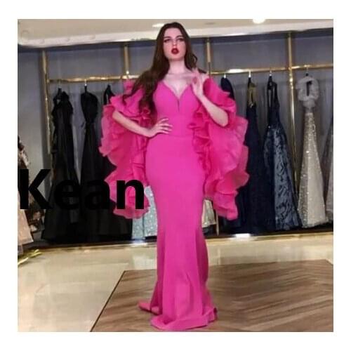 Fuchsia Evening Dresses Deep V Neck Flare Sleeves Mermaid robe de soiree Evening Gowns Prom Dress Vestidos De Festa