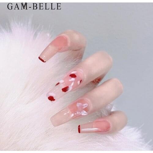 GAM-BELLE 24Pcs Nude French Long Coffin False Nails With 3D Butterfly Detachable False Press On Nails Tips DIY Manicure Tool
