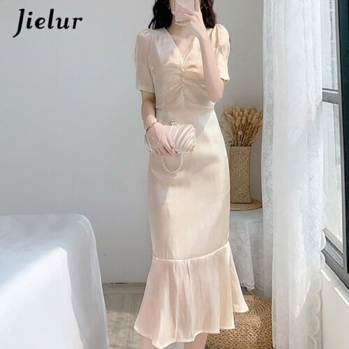 Jielur Pleated V-neck Flounced Edge Fishtail Dress Female Korean Style Solid Color Midi Dresses for Women Skinny Bodycon Dress