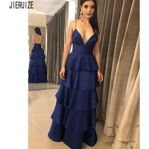JIERUIZE Navy Blue Evening Dresses Spaghetti Strap Backless A Line Tiered Party Prom Gowns Chiffon Formal Dresses robe de soiree