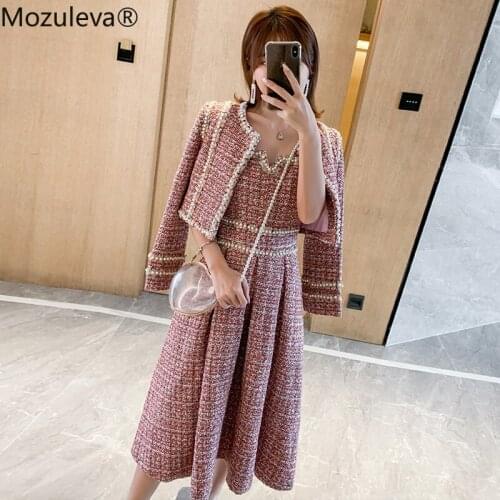 Mozuleva Pink Color 2 Pcs Set Fashion Bright Silk Coarse Flowers Dress Outside The Two-piece Suit for Winter Tweed Suit