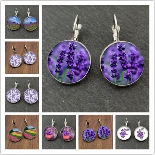Beautiful purple lavender flower plant round glass earrings cabochon dome DIY handmade ladies jewelry earrings