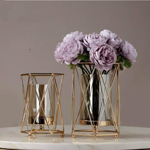 Creative Nordic ins metal iron geometric glass Gold vase Living room decoration Flower arrangement Modern home decoration vases