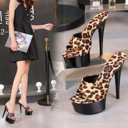 15cm Super High Heel Sexy Leopard Print Women Pumps Catwalk Model High Heel Big Size 34-43 Open Toe Nightclub Party Lady Sandals