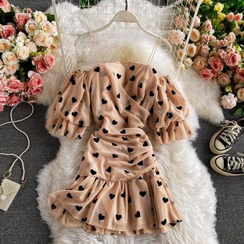 Summer New Retro Chiffon Fishtail Bag Hip Dress Lantern Sleeves Waist Slimming Fashion Temperament Tube Top Strap Dress UK683
