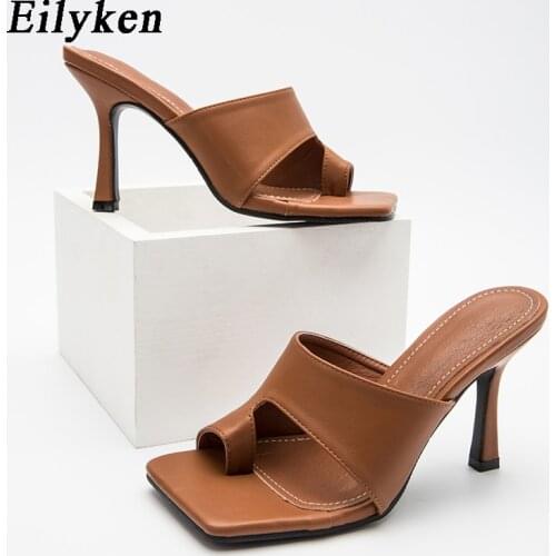 Eilyken High Quality PU Leather Clip Narrow Band Flip Flops Women Designer Slides Slippers Ladies Sandals Stiletto Heels Shoes