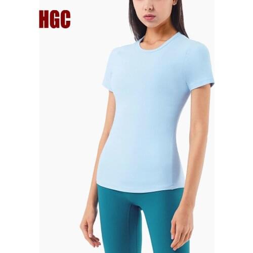 HGC Sport T-shirt Women Gym Short Sleeve Soft Naked-feel Fabric Breathable Running Fitness Top Workout Elastic Slim Yoga Blouse