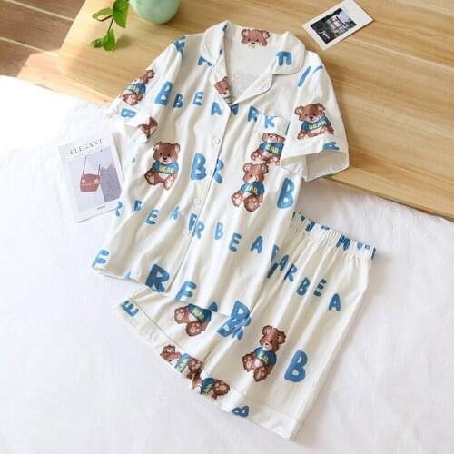 Ladies Pure Cotton Pajamas Summer New Style Knitted Thin Short-sleeved Shorts Korean Cute Bear Home Service Suit Huispak Vrouwen