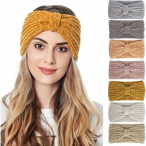 Women Winter Chenille Knitted Headband Solid Color Knotted Center Elastic Hairband Crochet Striped Ear Warmer Turban