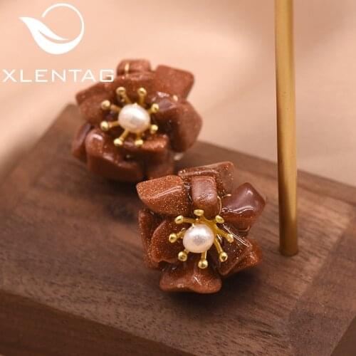 XlentAg Natural Gold Sandstone Pearl Stud Earrings For Women Gift 925 Sterling Silver Handmade Flower Earrings Jewelry GE0780D
