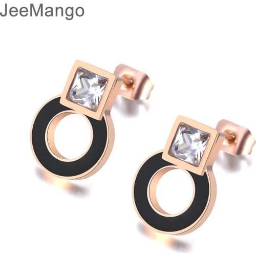 JeeMango Stainless Steel Black Acrylic Circle Square CZ Crystal Earrings For Women Rose Gold Engagement Earrings Jewelry JE19048