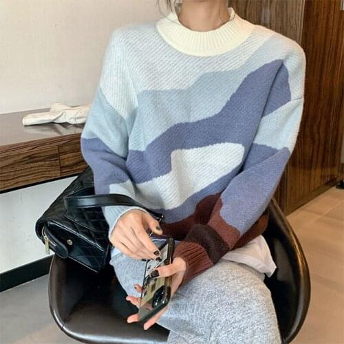 Foridol Geometric Print Vintage Oversized Women Sweater Pullovers Blue Casual O Neck Short Knitted Jumper 2021 New