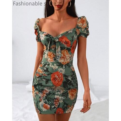 Women Floral Print Square Collar Tied Detail Short Sleeve Mini Dress