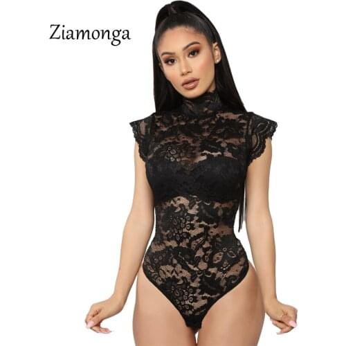 Ziamonga Sexy Club Wear Hollow Out Lace Bodysuit Women High Neck Short Sleeve Lace Up Romper Skinny Feminino Bodycon Overalls