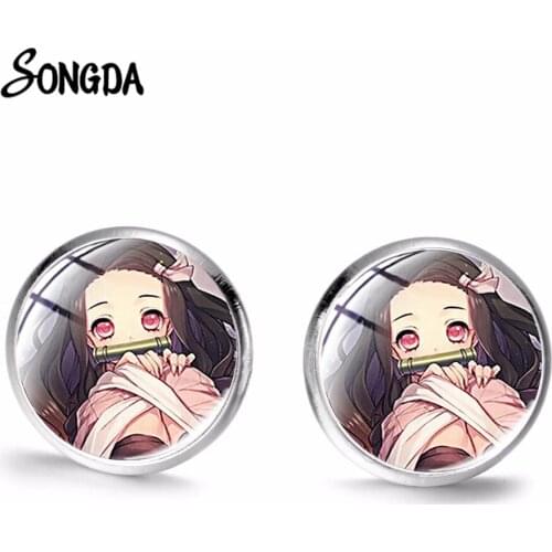 1 Pair Anime Demon Slayer: Kimetsu No Yaiba Stud Earrings Kimetsu no Yaiba Printed Crystal Glass Cabochon Earrings Gift for Fans