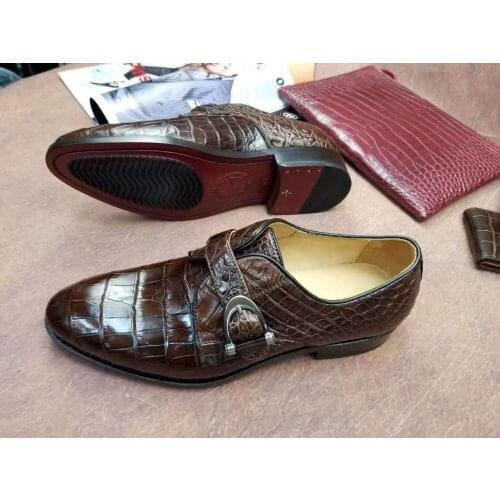 100% Genuine real crocodile belly skin men shoe durable solid brownc color glossy crocodile belly skin men business dress shoe