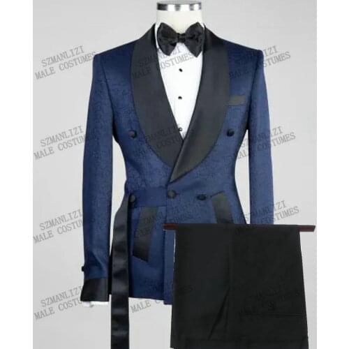 2021 New Arrival Navy Blue Jacquard Groomsmen Prom Party Double Breasted Wedding Tuxedos Slim Fit Shawl Lapel Groom Best Man
