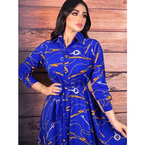 Shirt Dresses for Women Abaya Dubai Turkish Islamic Modest Long Robe Muslim Retro Prints Swing Elegant Ladies Clothes Casual