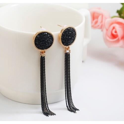 Chain Tassel Long Earrings Gold Color Maxi Hanging crystal Earring For Women With Black Stones Bohemian Bride Party Jewelry