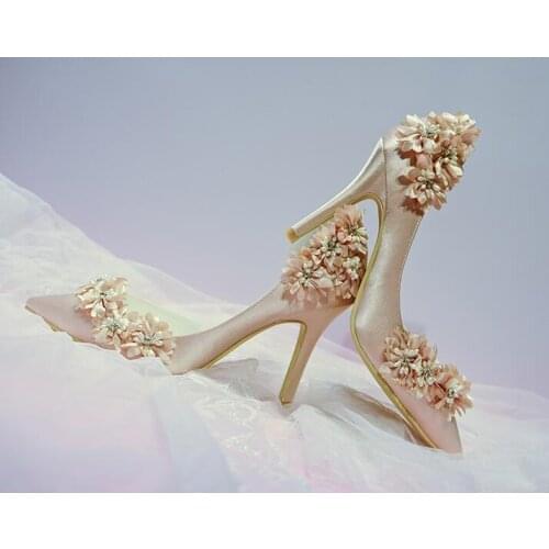 Elegant Bridal Champagne Flower Decor High Heel Pumps Pointed Toe String Bead Wedding Bridal Shoes Cut-out Dress Shoes