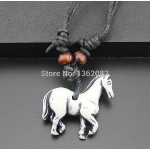Tribal Style Imitation Bone Carved Horse Pendant Necklace Lucky Gift MN469