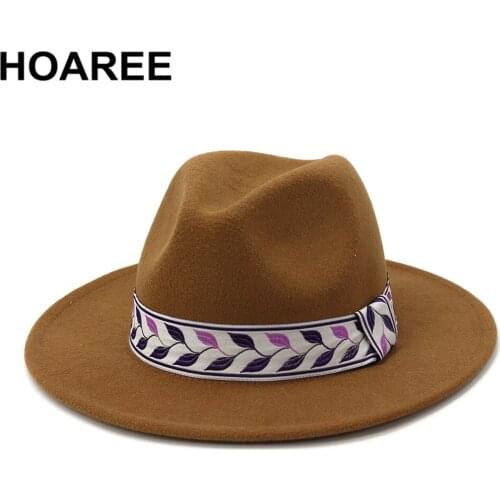 HOAREE Khaki Women Fedora Wide Brim Hat Wool Leaf Print Vintage Hats for Women Men Sombrero Army Green Woolen Felt Cap