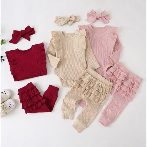 Newborn Baby Stripe Suit Girl Boy Heart Print Crew Neck Long Sleeve Romper Top Long Pants Hairband 3PCS Outfits