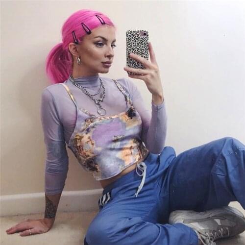 Y2K E-girl Sexy Hot Mesh Cupid T Shirt Camis Women Summer Skinny Casual Short Top Streetwear Through Tops Tee Fashion Laides