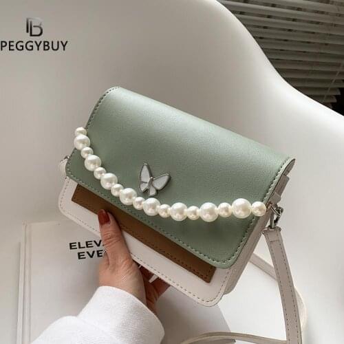 Fashion Cell Phone Crossbody Bag Vintage Women Hit Color PU Pearl Shoulder Bag Casual Ladies Butterfly Handbags