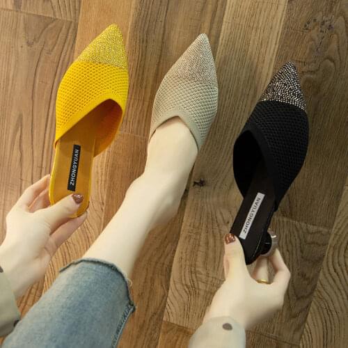 2020 Spring New Net Celebrity Rhinestone Pointed Toe Women Sandals Wear Baotou Half Slippers All-match Cat and Mule Shoes Women