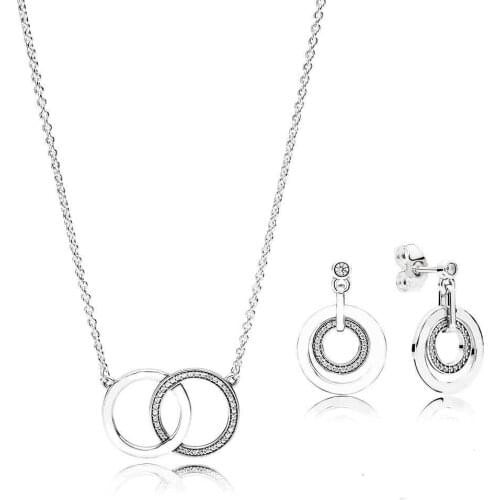 NEW 100% 925 Sterling Silver Circles Gift Set Original Clear CZ Fit European Girl Charms Necklace with Earring DIY Jewelry Set