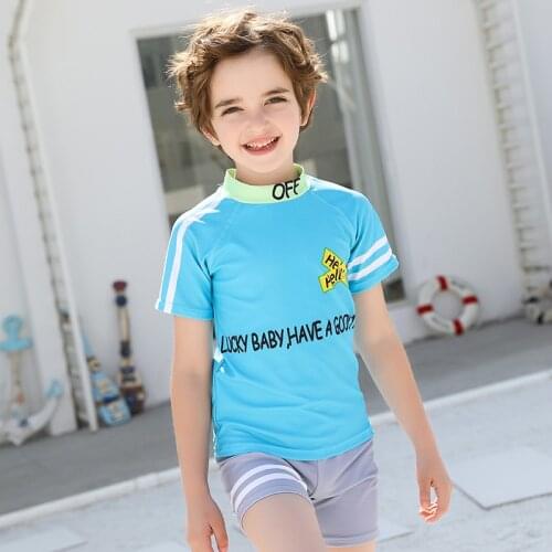 New Boy Two Pieces Suit Swimwear 3-11 Year Children Short Sleeve Swimsuit 2021 Kid High Neck Beachwear Baby Bathing Suit