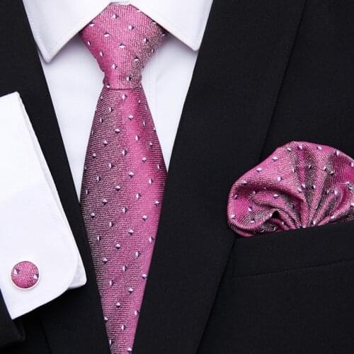 WholeSale 160 Styles High Quality Silk Fashion Purple PInk Men Tie Hanky Cufflinks Set for Men Wedding Party Business Group