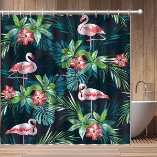 Green Plant Pink Flamingo Print Shower Curtain 3D Creative Polyester Waterproof and Mildew Proof Shower Curtain