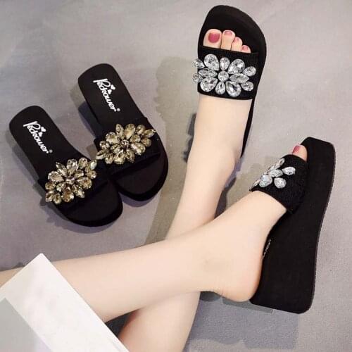Dropshipping 2019 Womens Slippers Summer Beach Casual Shoes Girls Crystal Wedges Slipper Fashion Loafers Platform Mujer Slides