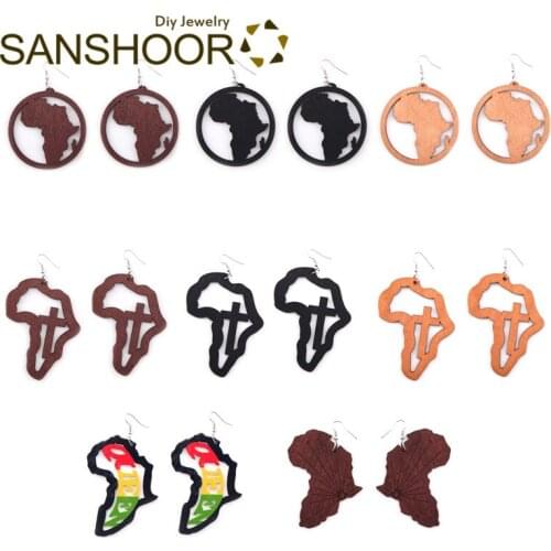 SANSHOOR Afrocentric Ethnic Natural Wood Drop Earrings With African Map Afro Queen Jesus Cross Pattern As Christmas Gifts 8Pairs