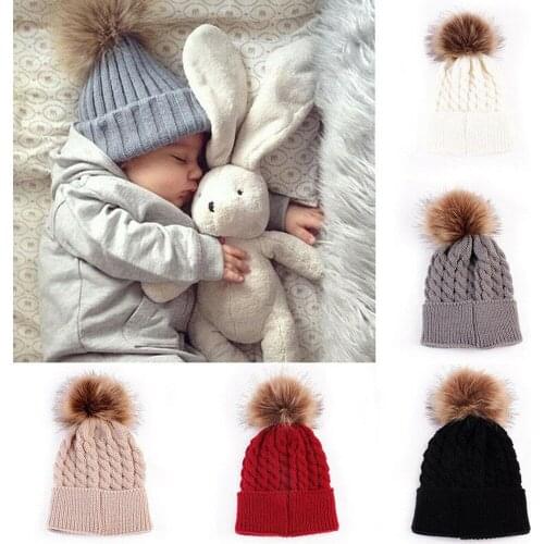 Baby Boy Girl & Mom Winter Knit Warm Soft Beanie Hat Hairball Cap for Adult Children Family Matching Caps Hats