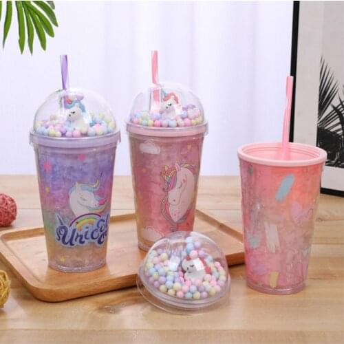 Cute Macaron Unicorn Cups Large Capacity Dream Bottle Plastic Water Cup Color Double Layer Drink Straw Girl Child INS Gift Cup