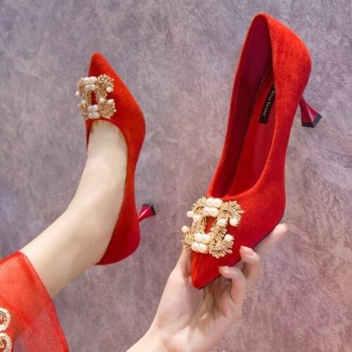 Wedding Shoes Square Button Red Wedding Shoes Rhinestone Middle Heel Bridesmaid High Heels